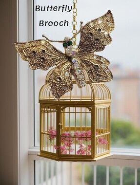 Emerald Green & AB Jeweled Gold Butterfly Brooch
